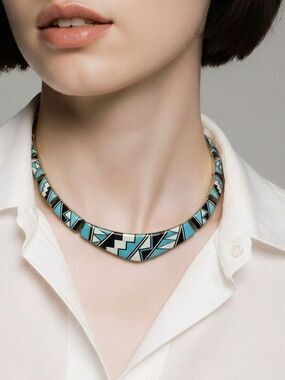 Vintage Sterling Silver Turquoise Black Onyx Geometric Inlay Choker Necklace CR